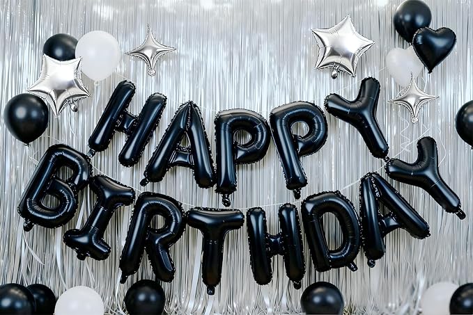 Black Happy Birthday Balloons Banner Sign Mylar letter Party Decoration | - Image 4