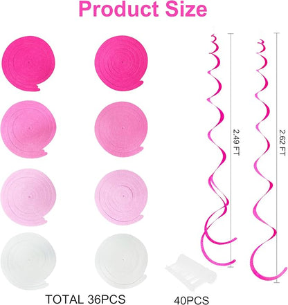 36 Pcs Hot Pink Hanging Swirl Decorations Ombre Pink White Felt Swirl Streamer - Image 2