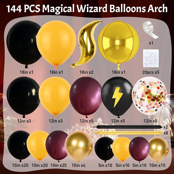144PC Magic Balloons Arch Kit, Burgundy Black Gold Balloon Garland - Image 2