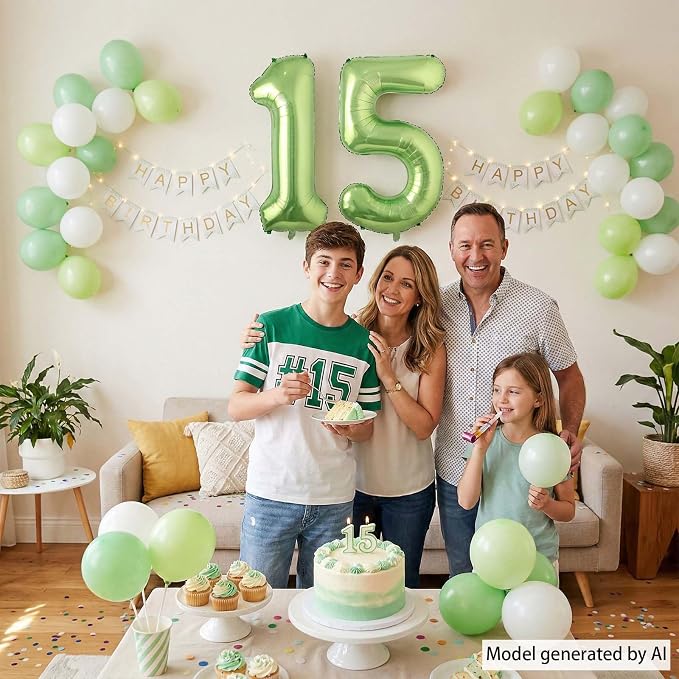 Light Green Number 15 Balloon 40 Inch, Shiny Foil Double Digit Party Decor | - Image 2