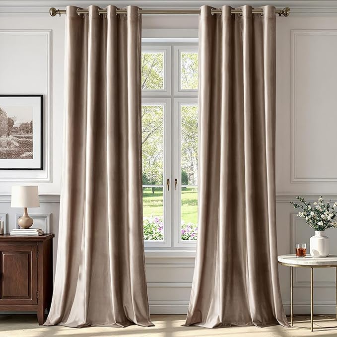 BULBUL Taupe Velvet Blackout Curtains 120 inch Long by ModernShinyVelvetCurtains