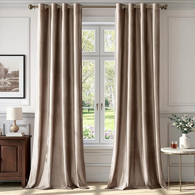 BULBUL Taupe Velvet Blackout Curtains 84 inch Long by ModernShinyVelvetCurtains