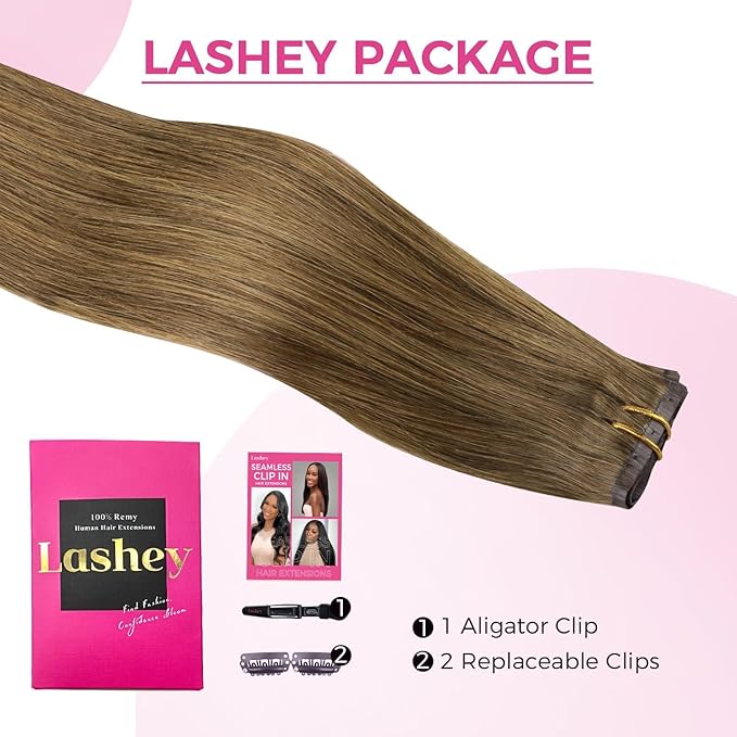 Lashey 4pcs 50g Medium Brown Seamless Clip in Hair Extensions Human Hair for Highlight Effect 22 Inch Long Straight Human Hair Clip in Extensions with Soft PU Wefts