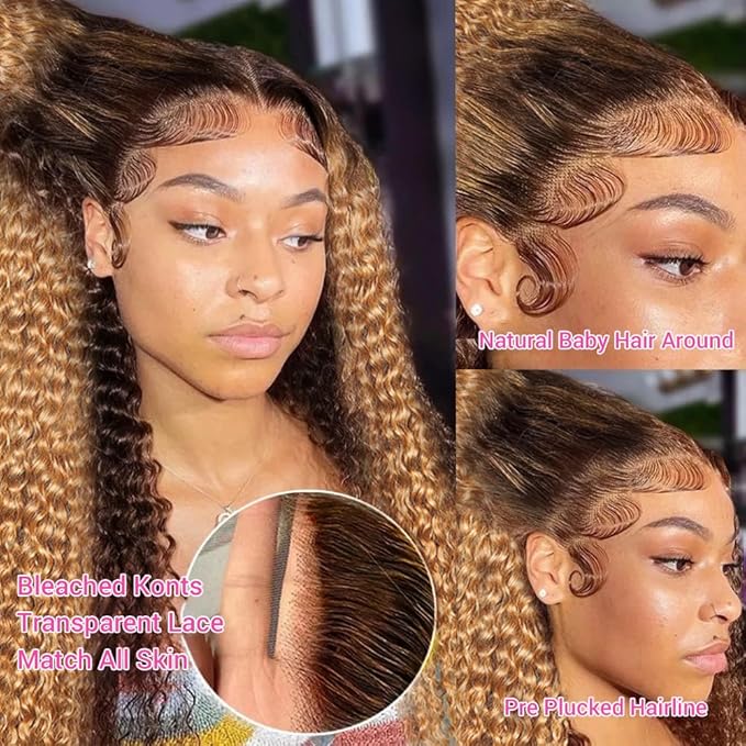 AMIRTY 360 Honey Blonde Water Wave Wig Human Hair 4/27 Highlight Curly Wig Pre Plucked Ombre Lace Front Wig Human Hair Drawstring Wig Human Hair Deep Wave Lace Front Wig Colored Wigs 24Inch