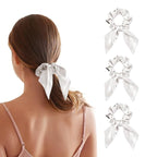 THXSILK 100% Mulberry Silk Bow Scrunchies 3-Pack, 22 Momme Mulberry Silk Hair Ties for Women, Cute Bunny Ear No Damage Ponytail Holders, Fashion Hair Accessories for Girls(M, Pearl White)