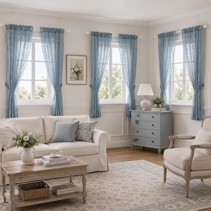 WAZZIO Boho Lace Curtains 2 Panels 84 Inch -Victorian Sheer Panel Drape French - Image 3