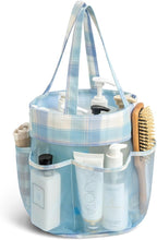 Mesh Shower Caddy Portable, Bathroom Caddy Organizer for College Dorm Essentials, Hanging Shower Tote Bag with 7 Pockets for Beach, Swimming, Gym camping Blue Checkered