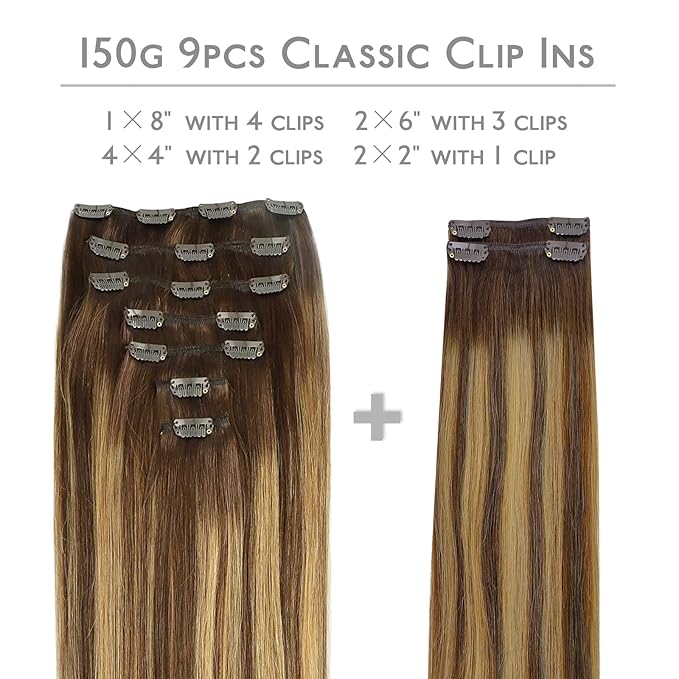 WENNALIFE Balayage Chocolate Brown to Caramel Blonde Human Hair Extensions, 150g 20 Inch 9pcs Thicker Clip-in Real Hair Clip Set Double Weft
