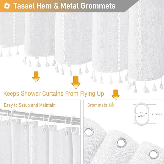 Small Boho Linen Heavy Duty Cloth Shower Curtain Set, 330GSM Linen Blend - Image 5
