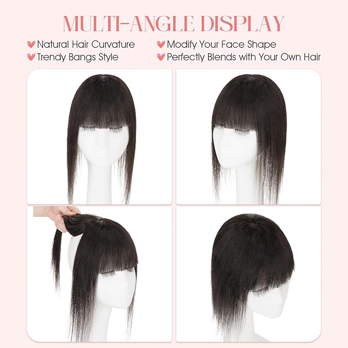 Hairro Mono Hair Toppers with Bangs, 3.4" x 3.4" Mono Base 100% Real Human Hairpieces for Women, 150% Density Clips In Topper for Greyish Thinning Hair, 12 Inch Natural Black