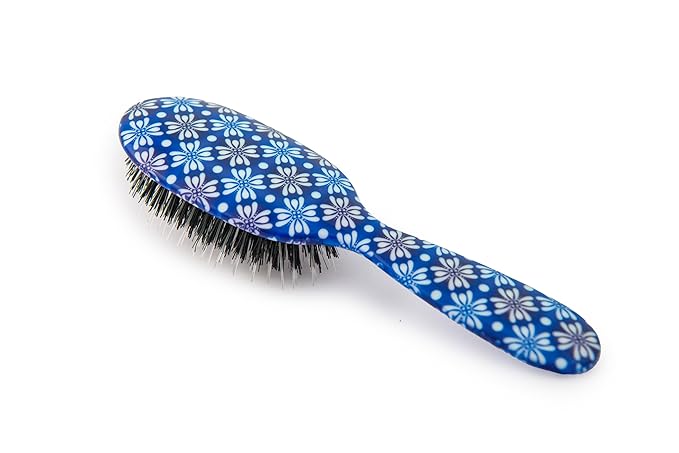 Rock & Ruddle Natural Mixed Boar Bristle Hair Brush for Women and Kids (Small/Travel Size, 17.5cm - Perfect for Wet or Dry Hair, Detangling Smoothing Blowdrying - Made in UK - Tile Blue