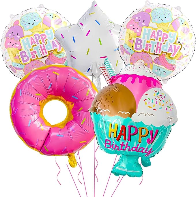 5 Pcs Donut Sweet Ice Cream Mylar Balloons Set | Ice Cream Donut Balloon Summer by Cemkhly