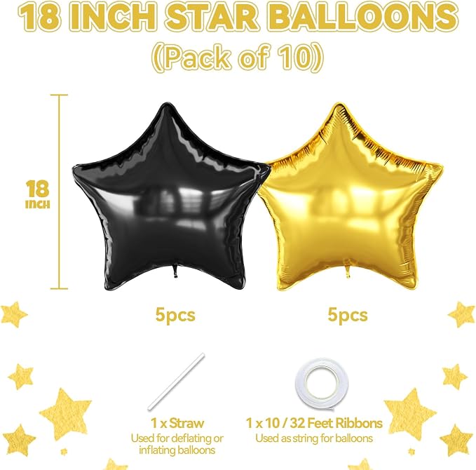 Black Gold Star Foil Balloons, 18 Inch Metallic Black and Gold Stars Balloon - Image 2