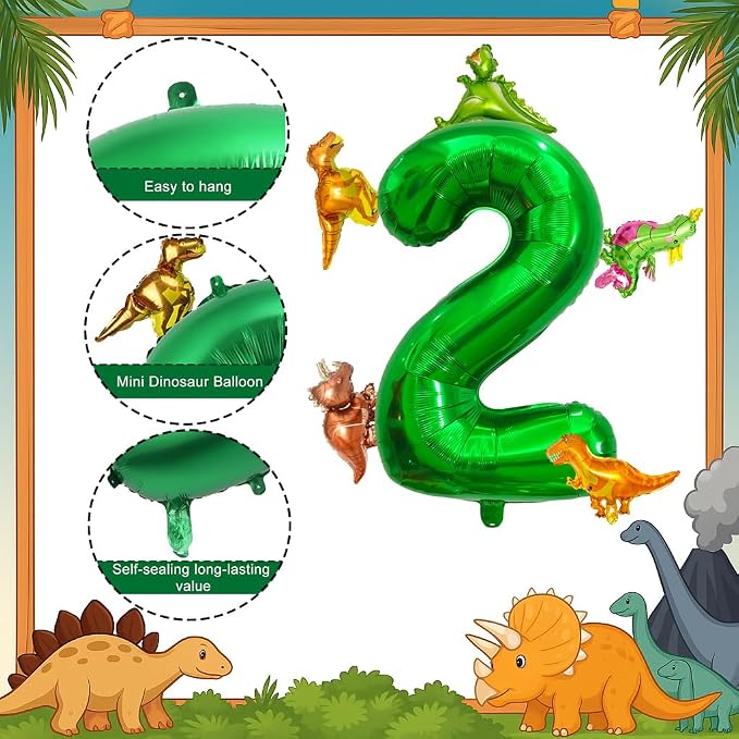 LilyZheng Dinosaur Number 2 Balloon, 40 Inch Dark Green Number Foil Balloon - Image 3