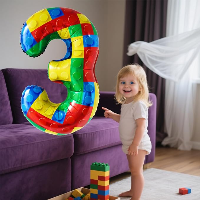 32 Inch Stackable Block Number 3 Balloon – Colorful Brick Building Themed Big - Image 4