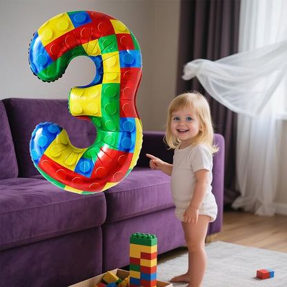 32 Inch Stackable Block Number 3 Balloon – Colorful Brick Building Themed Big - Image 4