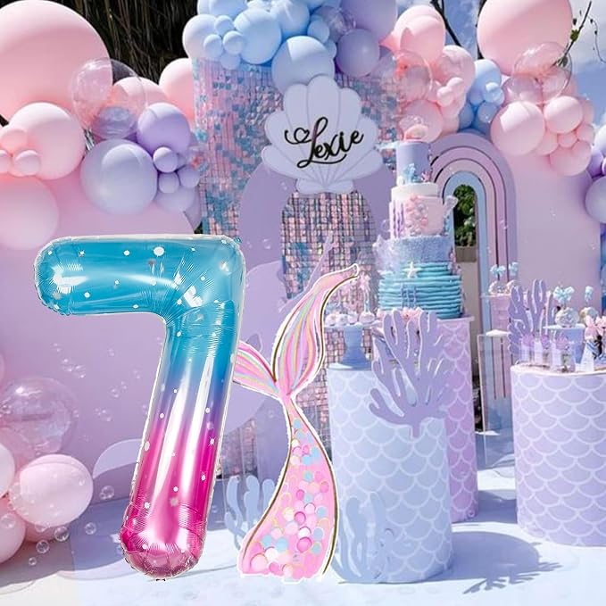 40 Inch Balloon Number 7 Mermaid, Large Mylar Foil Blue Pink Starry Number - Image 6