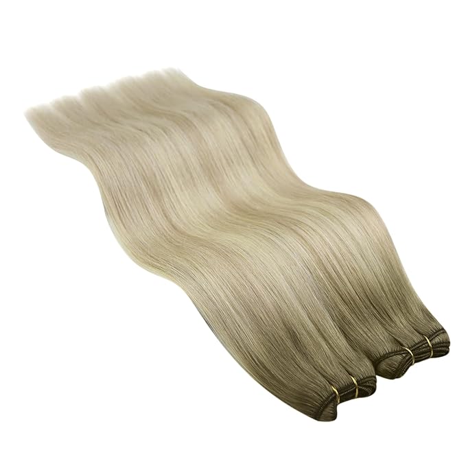 YoungSee Human Hair Sew in Extensions Blonde Ombre Hair Extensions Weft Sew in Hair Extensions Real Human Hair Ash Blonde Ombre Platinum Blond Long Straight Hair 22inch 100g