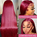 Burgundy Wig Human Hair 22inch 13x6 HD Transparent Lace Straight 99J Red Human Hair Wig Colored Reddish Brown Lace Frontal Wigs 180% Density Pre Plucked