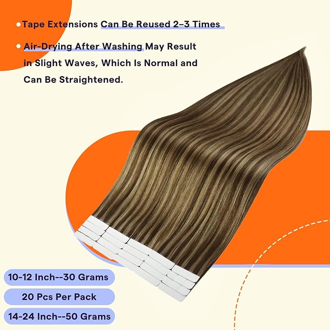 Full Shine Tape in Hair Extensions Human Hair Color 4 Medium Brown Highlight 27 Honey Blonde Fashion Invisible Double Sided Hair Extensions Tape in 20PCS Natural Straight Remy Hair 50g for Party