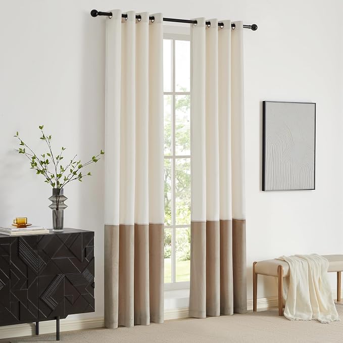 BULBUL Cream Ivory Champagne Luxury Velvet Curtains 63 inch, Color Block | - Image 7