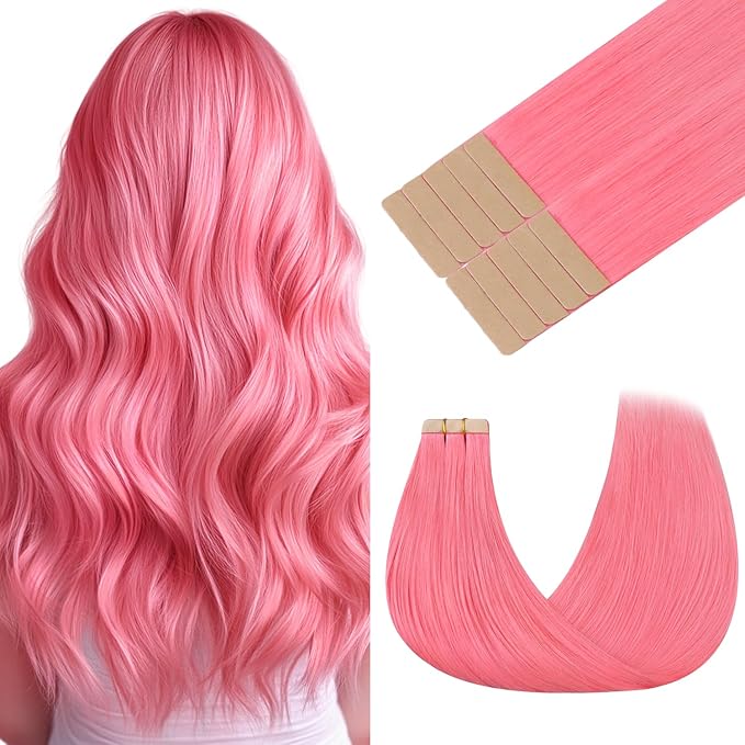 GOO GOO Tape in Hair Extensions Human Hair, Light Pink, 16inch 25g 10pcs, Colored Tape ins Human Hair Extensions, Silky&Soft Invisible Tape Ins, Hair Highlighted for Party