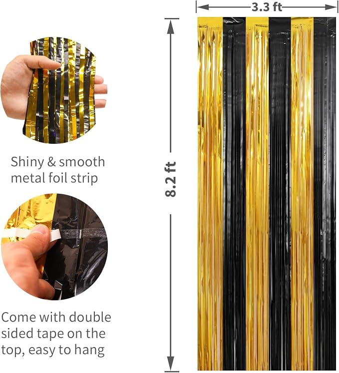 3 Pack 3.3 x 9.9 ft Black & Gold Tinsel Streamers Party Decorations | Foil - Image 2