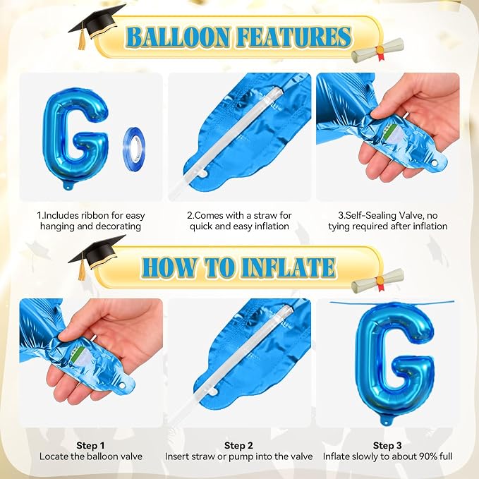 Congrats Grad Balloons, 16 Inch Blue Gold Congrats Grad Letters Banner Balloons - Image 7