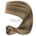 WENNALIFE Clip in Hair Extensions Real Human Hair, 14 Inch 120g 7pcs Human Hair Extensions Clip In Human Hair, Balayage Chocolate Brown to Caramel Blonde Hair Extensions Clip In Real Hair Coloured