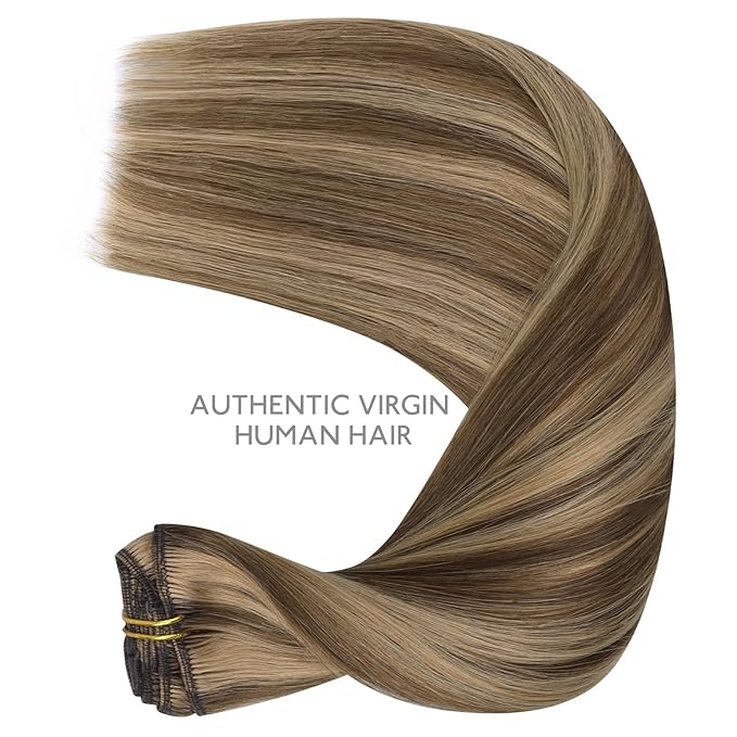 WENNALIFE Clip in Hair Extensions Real Human Hair, 18 Inch 120g 7pcs Remy Hair, Balayage Chocolate Brown to Caramel Blonde Hair Extensions Clip In Real Hair Coloured