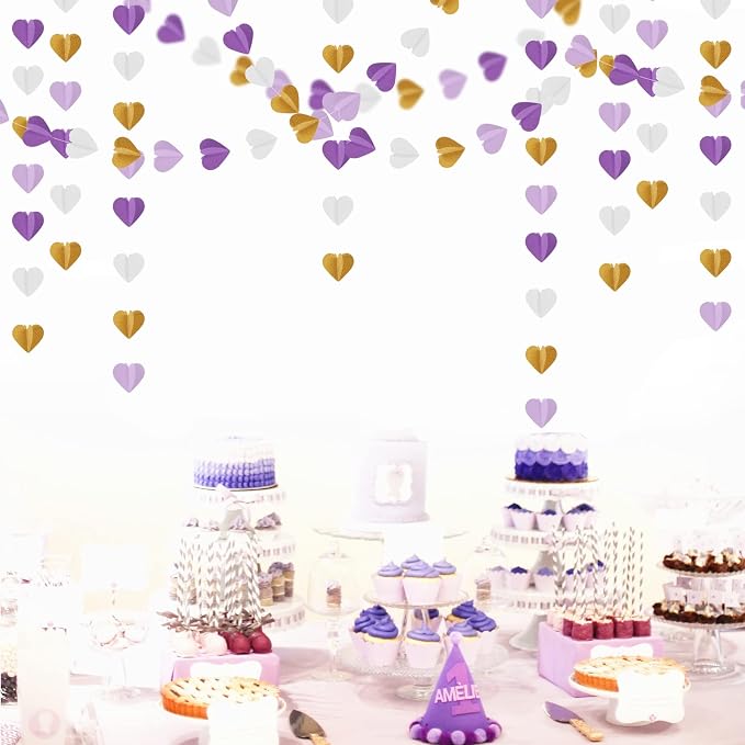 Purple-Gold Party-Decorations 3D Heart Garland - 39Ft White Purple Lavender - Image 5