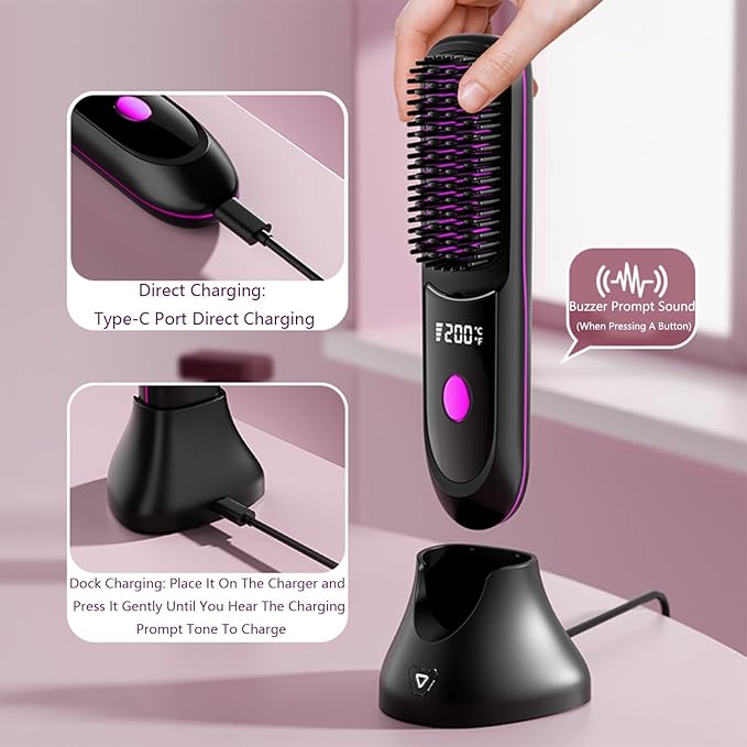 Go Brush Pro Hair Straightener – Cordless Comb with Base Negative Ion, 6000mAh Fast Heating & Portable Travel Design, Rechargeable Brush for Straightening and Curling (White-1Pcs)