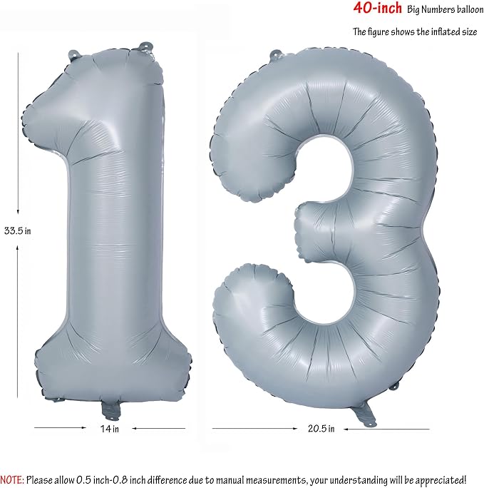 40 In Matte gray Number Balloon Helium Foil Mylar Birthday Balloon Digit 13 | - Image 2