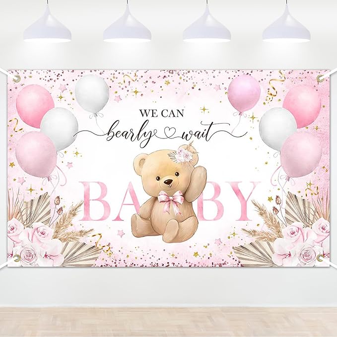Pink Bear Baby Shower Backdrop 6x3.6 ft We Can Bearly Wait Banner by Lecheme