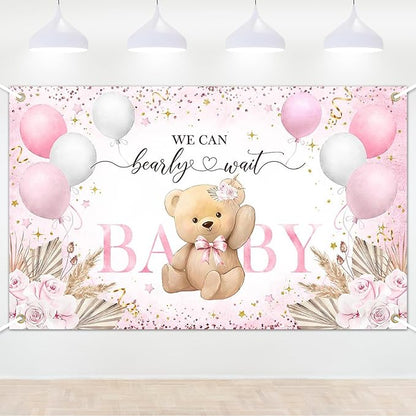 Pink Bear Baby Shower Backdrop 6x3.6 ft We Can Bearly Wait Banner by Lecheme
