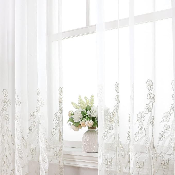 White Sheer Voile Curtains White Embossed Drip 54Wx96L Inch | Light Filtering - Image 6