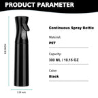 Spray Bottle for Hair (10.15OZ /300ML) Continuous Ultra Fine Mist Sprayer for Hair, Salons, Barber, Plants, Skin Care, Cleaning Black