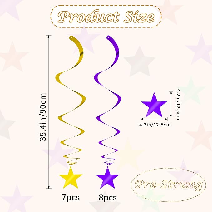 BEISHIDA Purple Gold Star Hanging Swirl Decorations, Birthday Hanging Party - Image 2