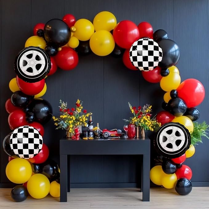 Race Car Balloon Garland Arch Kit 157Pcs Red Black Yellow Checkered Wheel - Image 5