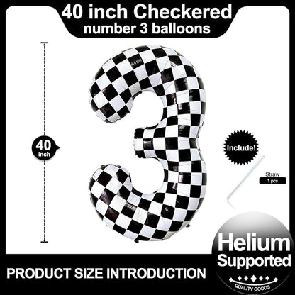 Checkered Number 3 Balloons 40 Inch Giant Race Car Checkered 3 Balloons - Image 2