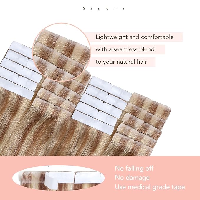 Sindra Invisi Edge Tape in Hair Extensions Human Hair, 14 Inch 40g 20pcs Golden Brown Mixed Light Blonde Invisible Extensions Natural Straight Seamless Injected Tape Ins