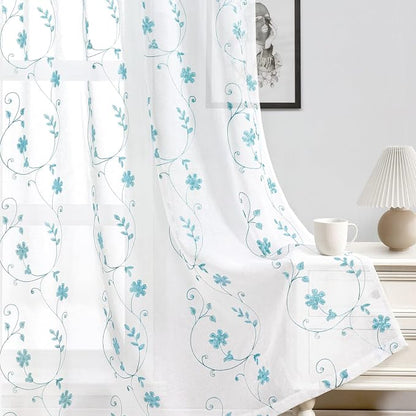 HOMEIDEAS White and Blue Embroidered Floral Sheer Curtains 63 Inch Length 2 - Image 4