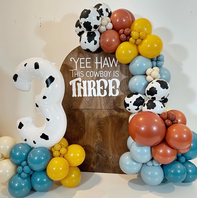 Cow Print Balloons, 12 Inch Cowboy Dusty Slate Blue Brown Yellow Sand White - Image 2