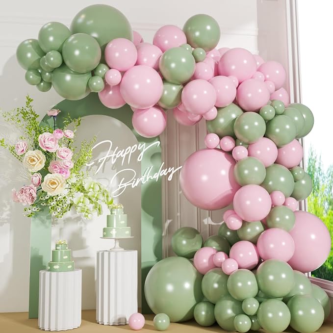 110pcs Sage Green and Pink Balloons Garland Arch Kit, 18/12/10/5 Inch | Pink by ZizasAry
