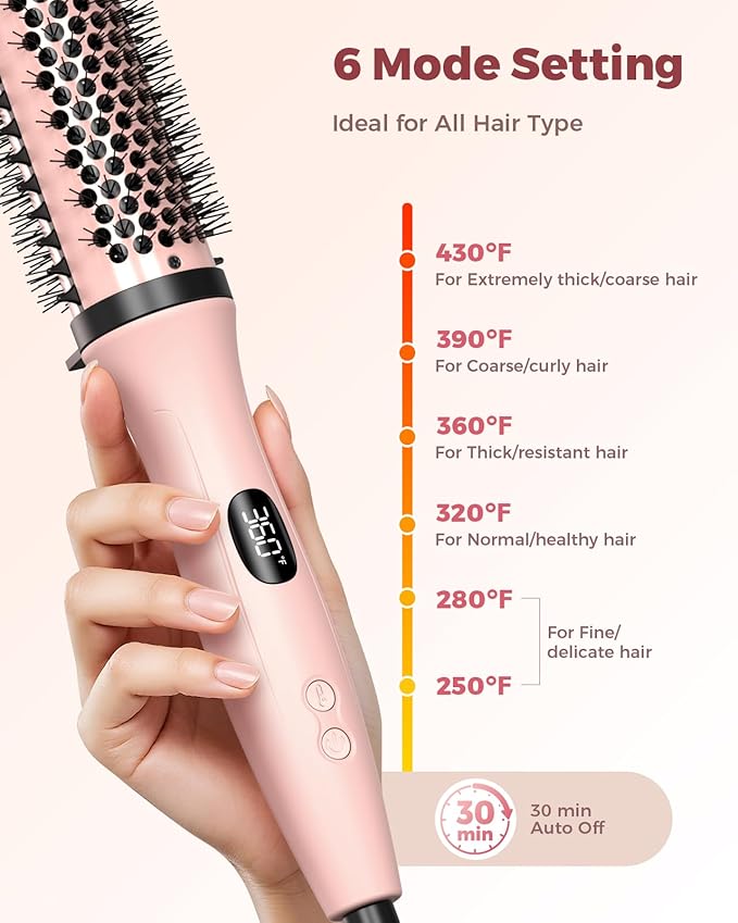 Bopcal Dual Voltage Thermal Brush, 1.5 Inch Heated Round Brush for Blowout Look, Heated Curling Styler with Negative Ions & Ceramic for Volumizing, 6 Temps & Auto Shut-Off, No Damage,Peach Pink