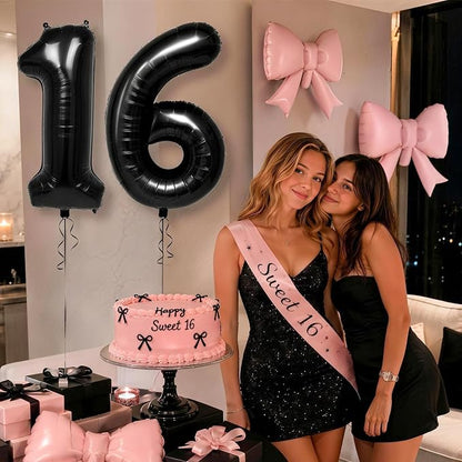 40 Inch Black Number 1 with Pink Bow Balloon, Giant Self Inflating Black Foil - Image 4