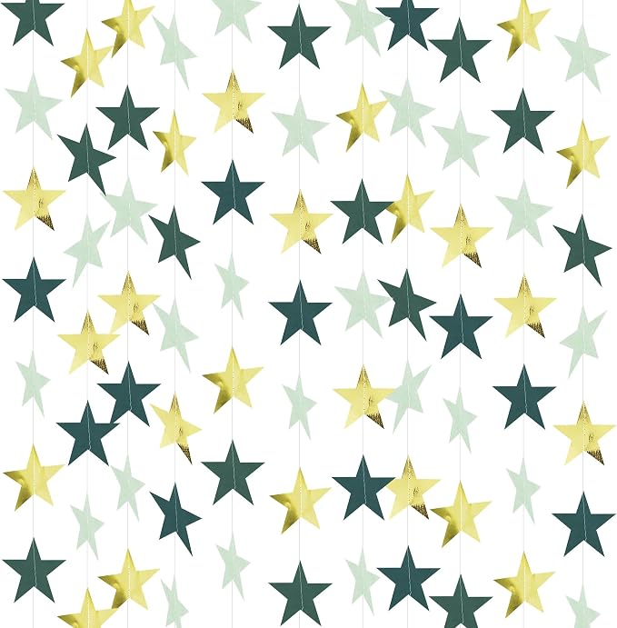 BEISHIDA 6Pcs Green and Gold Star Garland Decor Twinkle Paper Star Streamers by Beishida