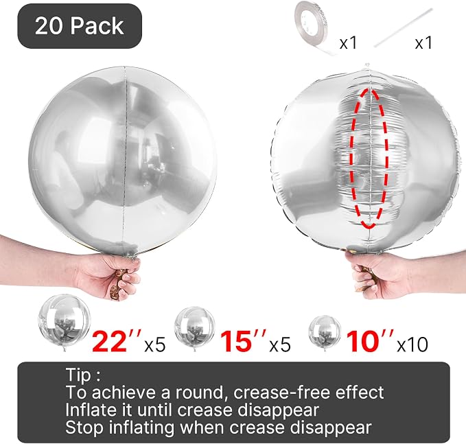 PartyWoo Metallic Silver Large Giant Foil 4D Balloons 20pcs Different Sizes | - Image 4
