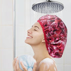 Upgraded Waterproof Terry Shower Caps, Reusable Shower Cap for Women with Long Hair, Soft Absorbent Hair-Protecting Towel Lining Bath Cap, Large Leak-Proof Hair Cap with Fashionable Print Outer-Red