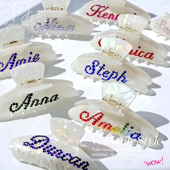 Personalized Colorful Name Hair Claw Clips for Women,Custom Hair Clips with Diamond,Cute Hair Accessories 4",Handmade Rhinestones Hair Clamp Gifts for Mom,Bride,Wife,Bridesmaid,Couples(Shell White)